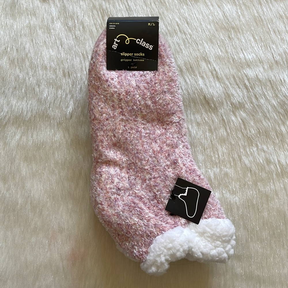 Art Class Pink & White Super Soft Plush Faux Fur Non-Slip Slipper Socks - Picture 3 of 8